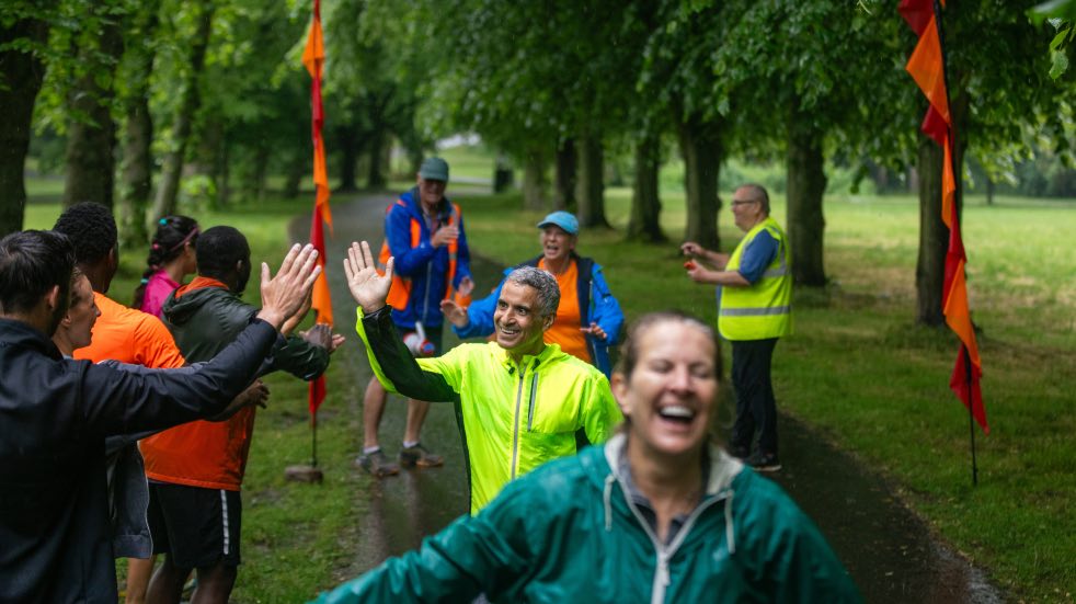 Happy people completing race